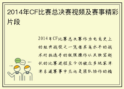 2014年CF比赛总决赛视频及赛事精彩片段