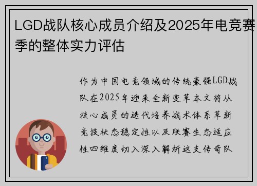LGD战队核心成员介绍及2025年电竞赛季的整体实力评估
